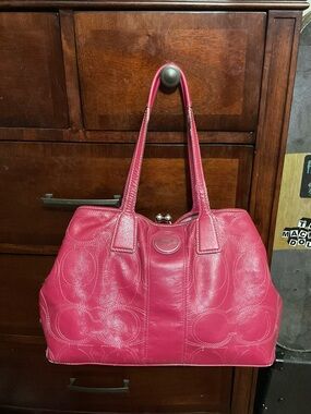 Coach Hot Pink Leather Tote with Signature Stitching